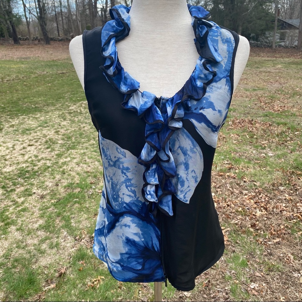 ANNE FONTAINE TOP BLOUSE BLUE BLACK SLEEVELESS RUFFLE Size 6 NOVALIE